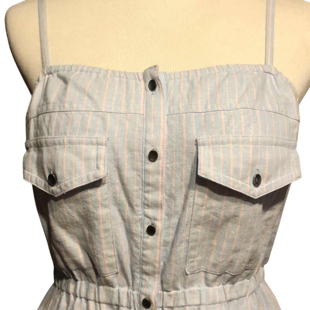 Blue Pink Pinstripe Button Down Mini Dress Elastic‎ Waist Sun Dress Womens